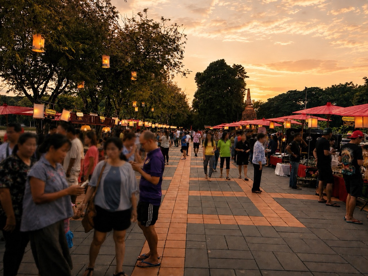 แผงร้านค้าใต้แสงโคมที่ตลาดท่าน้ำรับเสด็จยามเย็น ริมคูเมืองสุโขทัย