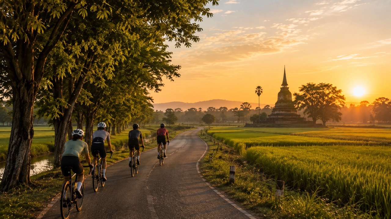 นักปั่นจักรยานบนถนนชนบทเงียบสงบใกล้อุทยานประวัติศาสตร์สุโขทัยยามรุ่งอรุณ ทุ่งนาอยู่สองข้างทาง